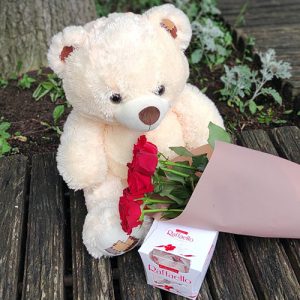 Букет роз, мягкая игрушка и конфеты в Мариуполе фото